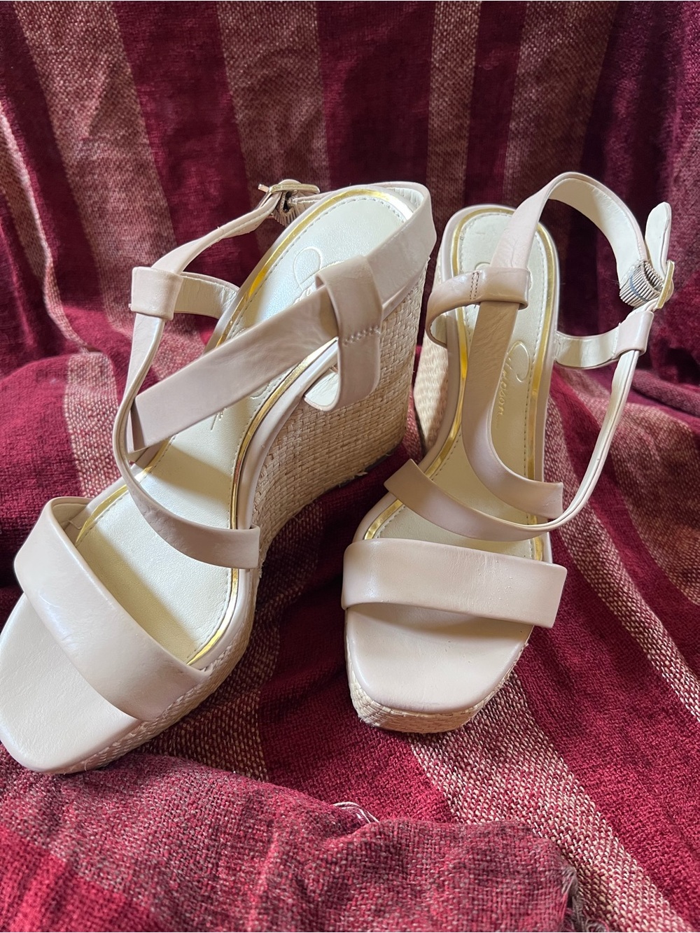 Beige Wedge Sandals with Straps - Women Shoes